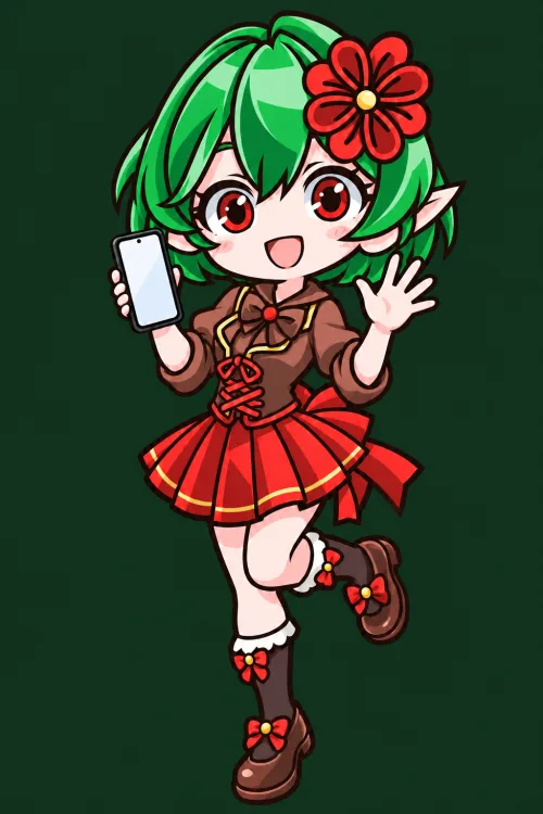 スマートフォンを持って手を振るFairy Forestのキャラクター