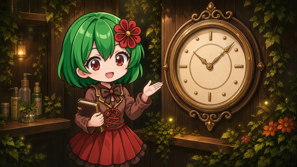 Fairy Forestのキャラクターが時計を案内するイラスト